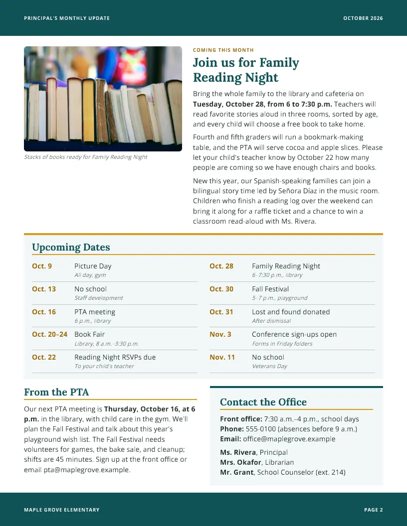 Principal Monthly Update newsletter template, page 2