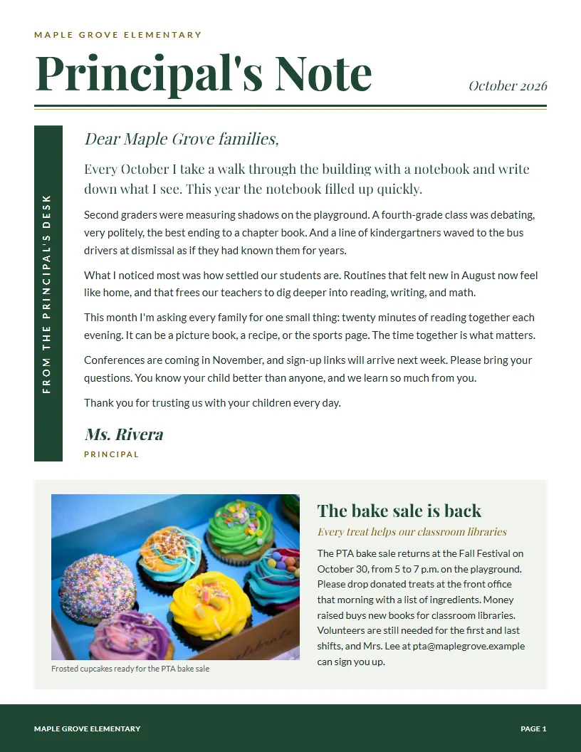 Principal's Note newsletter template, first page