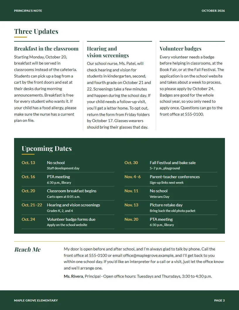 Principal's Note newsletter template, page 2