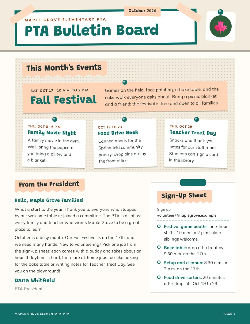 PTA Bulletin Board newsletter template, first page