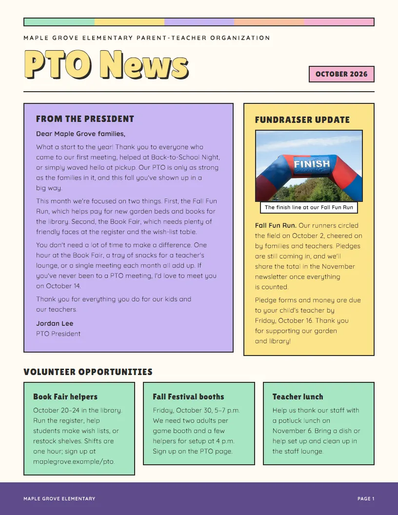 PTO News newsletter template, first page