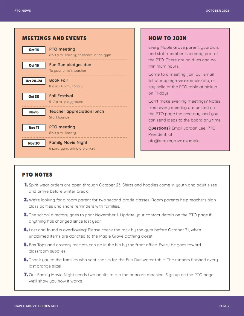 PTO News newsletter template, page 2