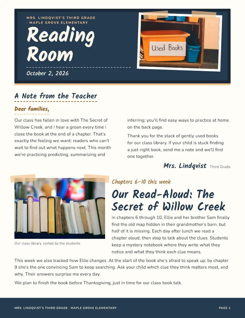 Reading Room newsletter template, first page