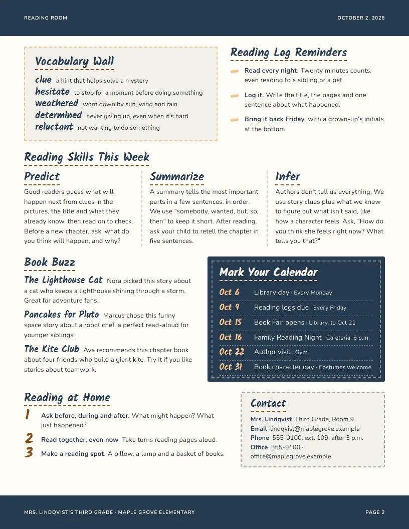 Reading Room newsletter template, page 2
