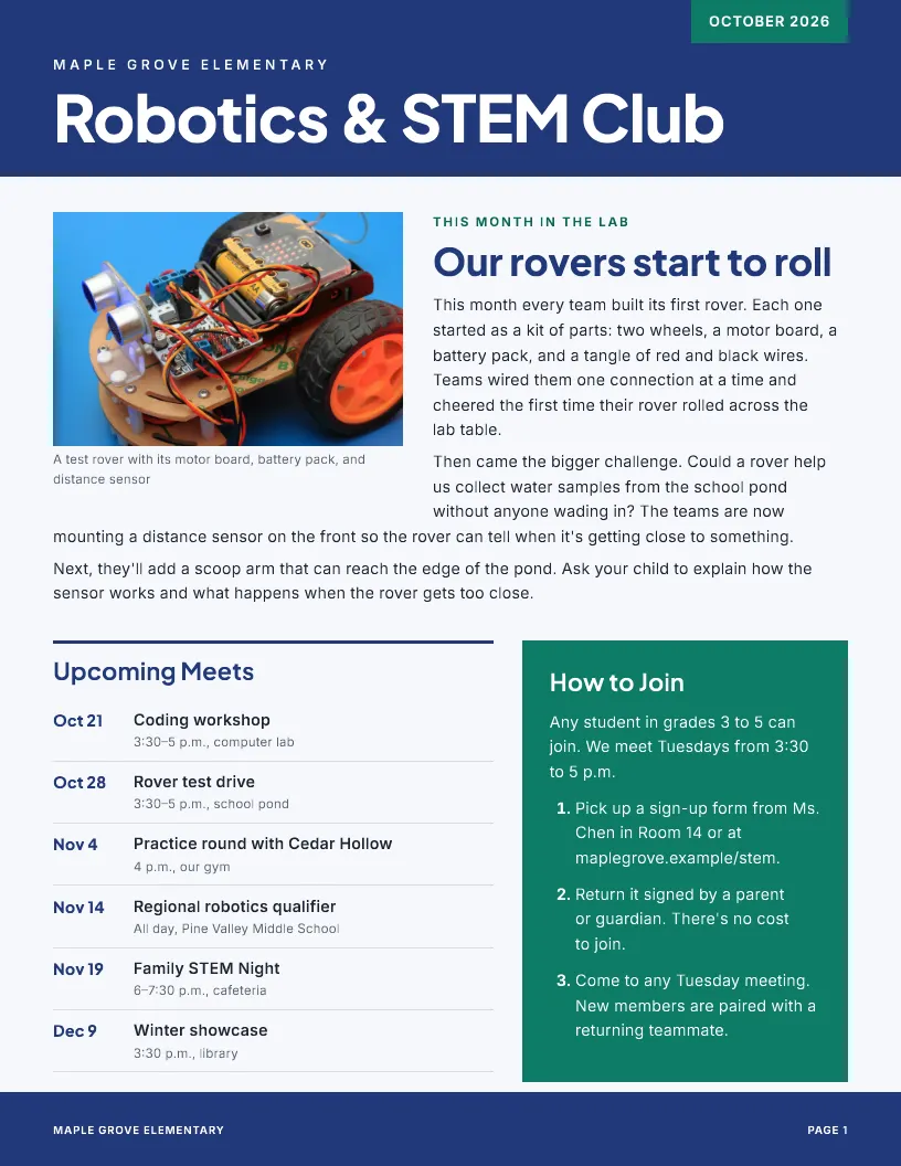 Robotics & STEM Club newsletter template, first page