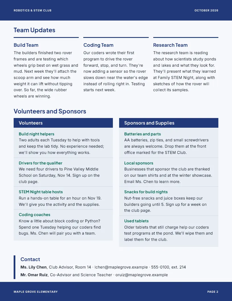 Robotics & STEM Club newsletter template, page 2