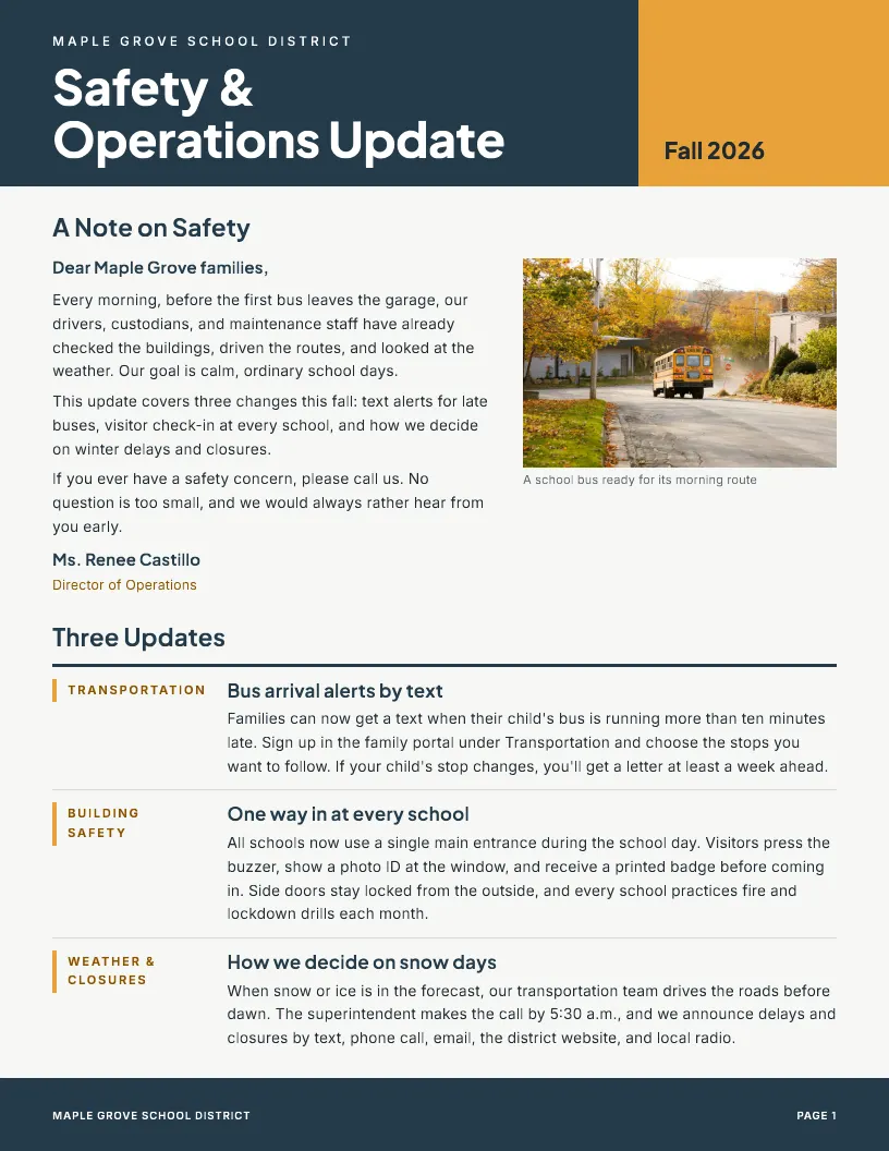 Safety & Operations Update newsletter template, first page