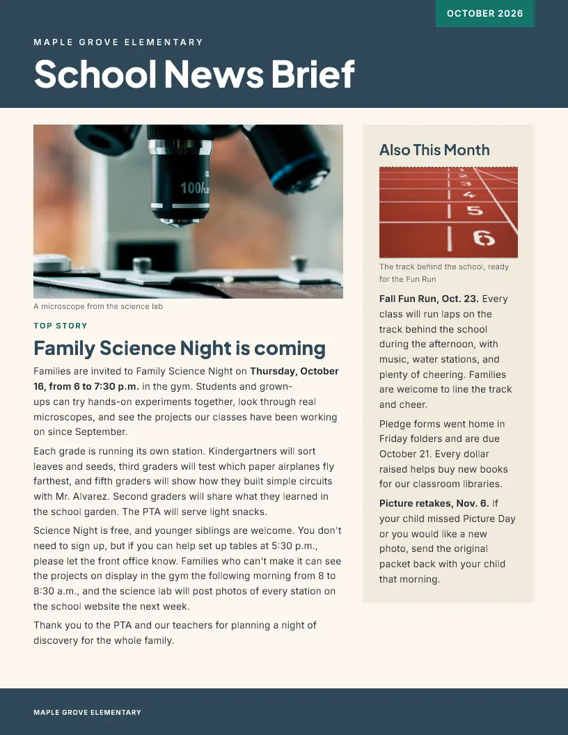 School News Brief newsletter template, first page
