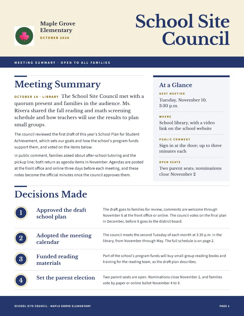 School Site Council newsletter template, first page