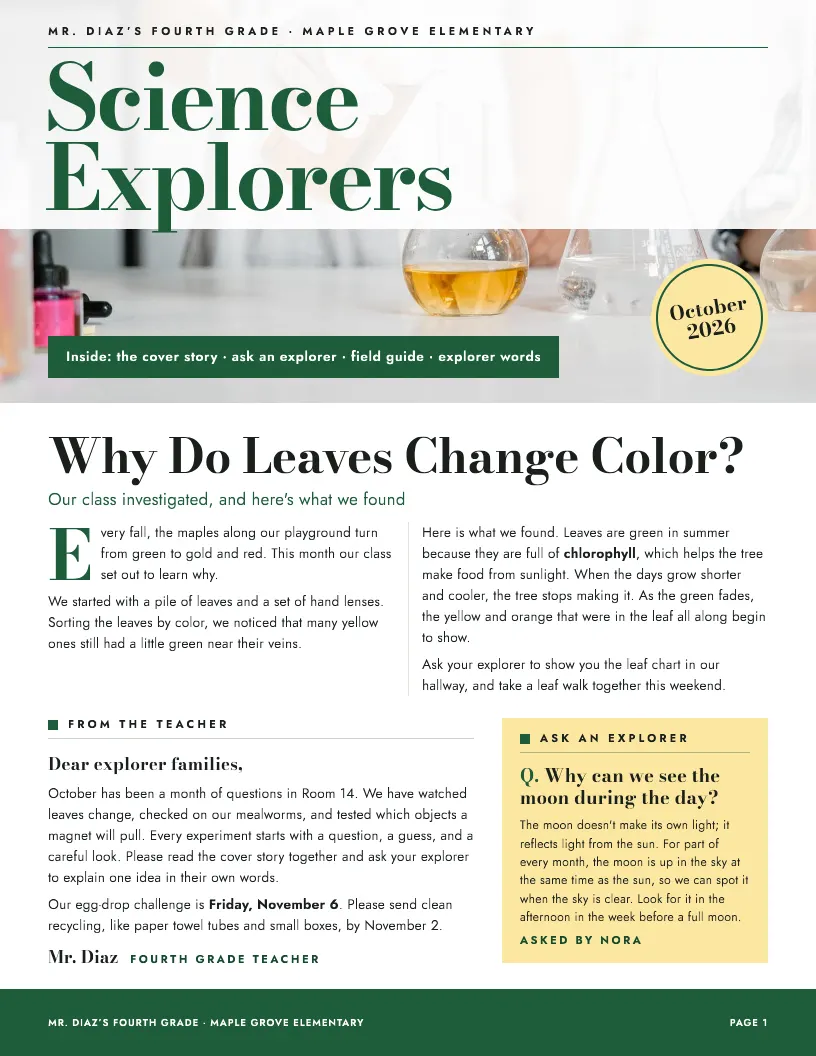 Sample Science Explorers newsletter