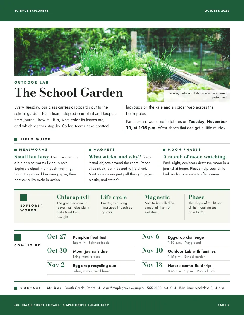 Science Explorers newsletter template, page 2