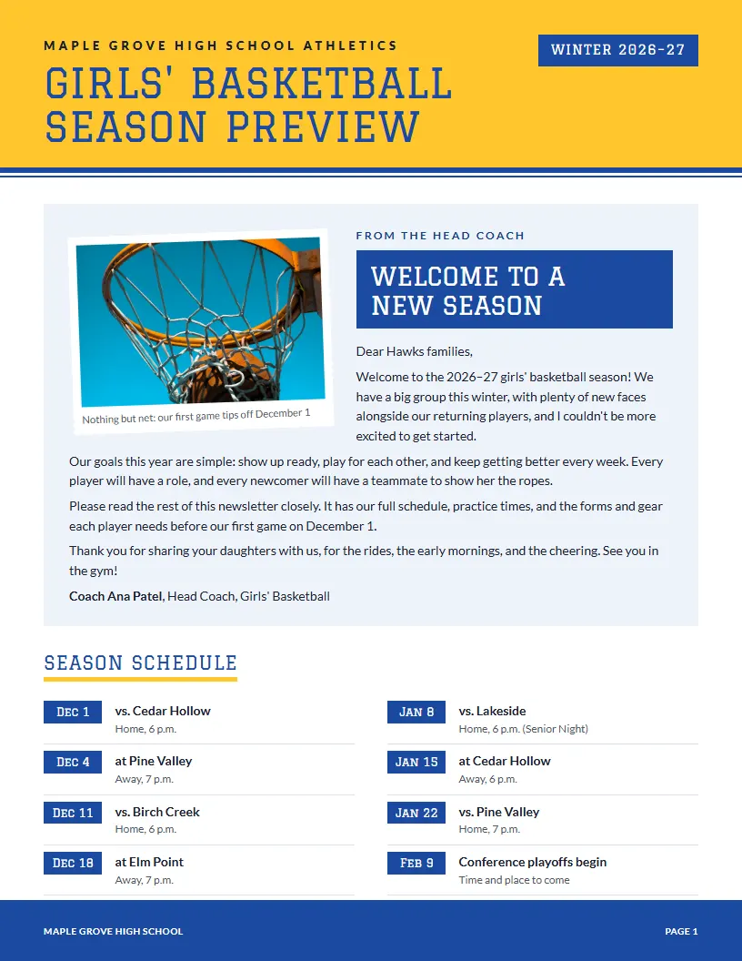 Season Preview newsletter template, first page
