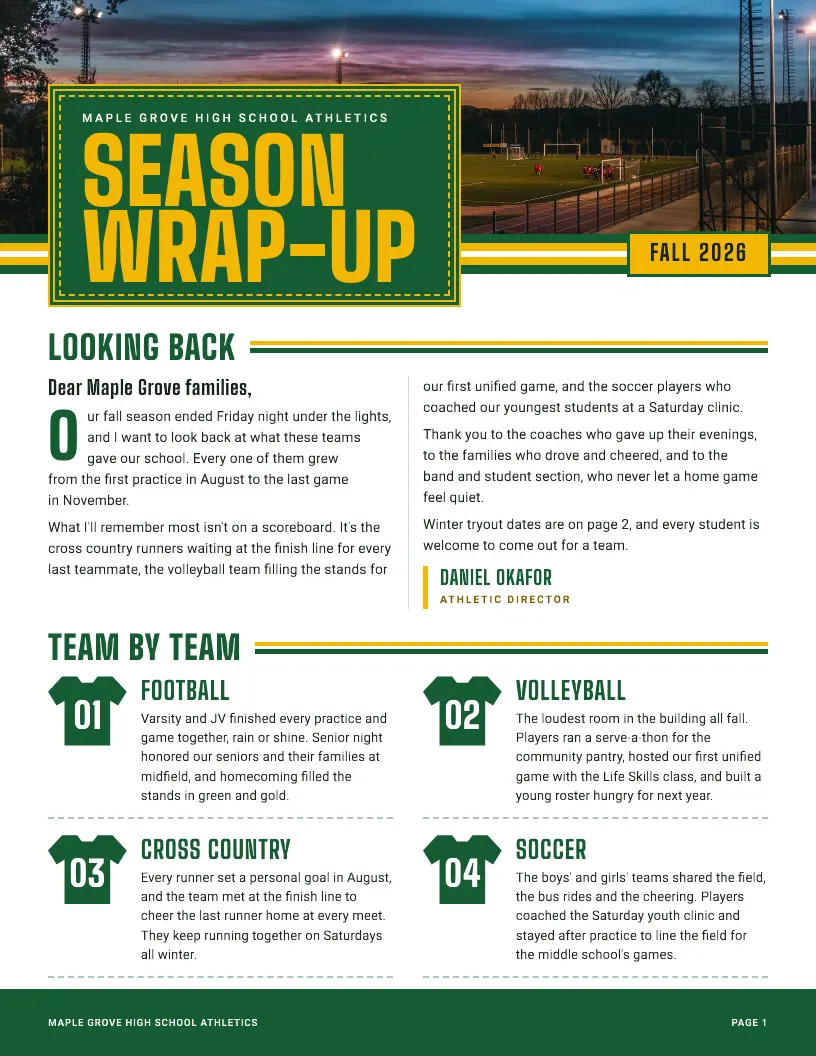 Season Wrap-Up newsletter template, first page