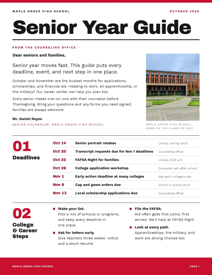 Senior Year Guide newsletter template, first page