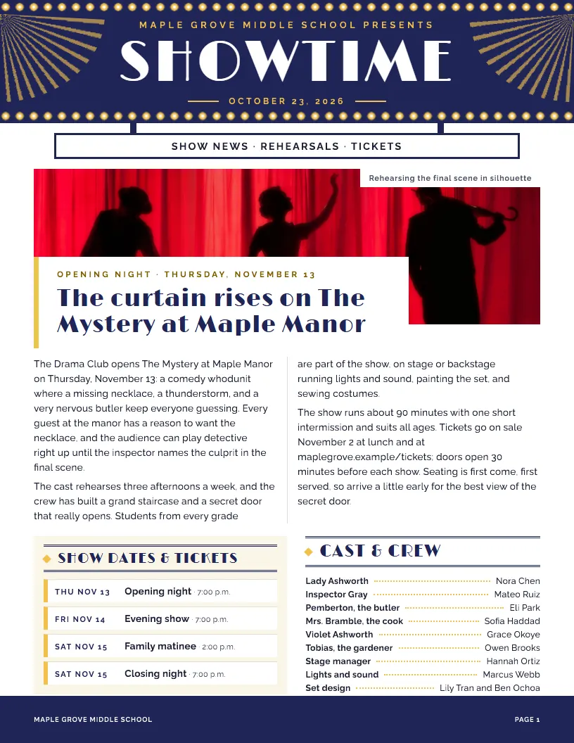 Showtime newsletter template, first page