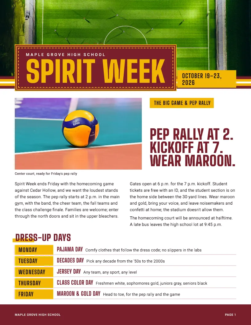 Sample Spirit Week newsletter