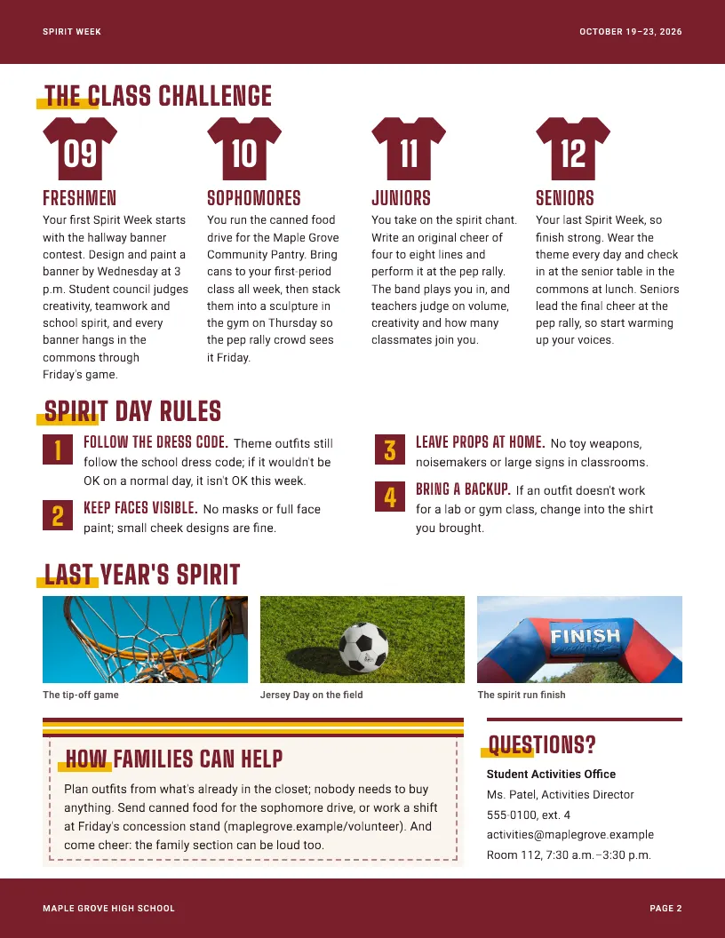 Spirit Week newsletter template, page 2