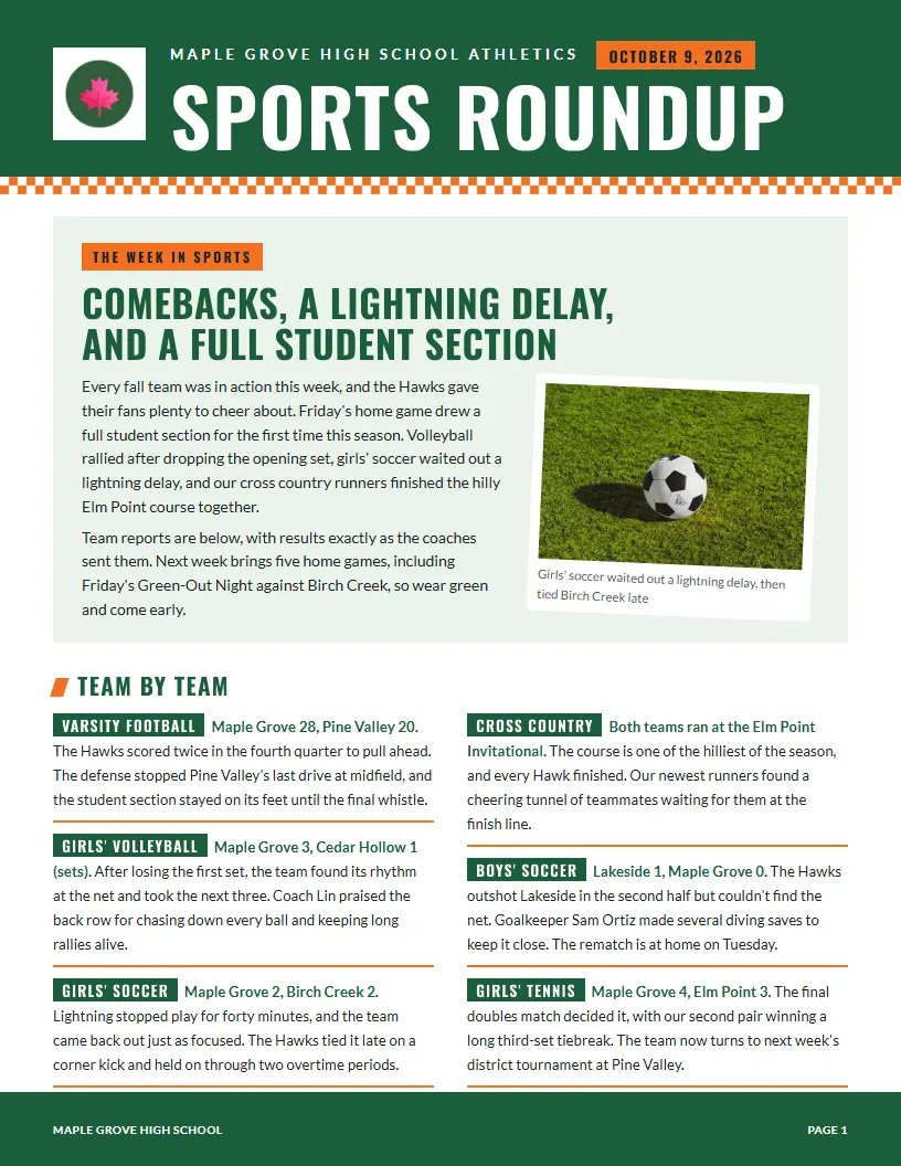 Sports Roundup newsletter template, first page