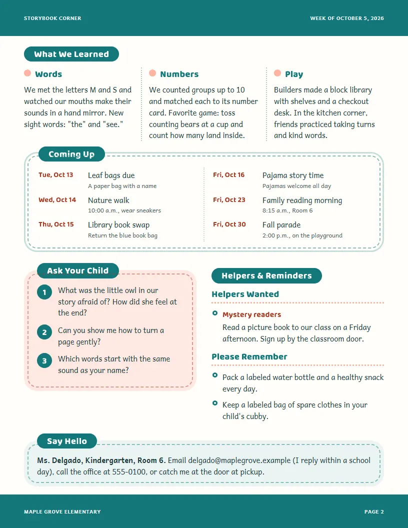 Storybook Corner newsletter template, page 2