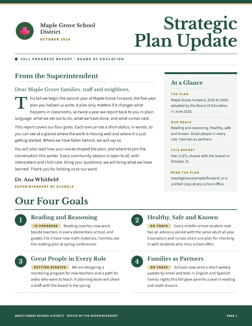 Strategic Plan Update newsletter template, first page