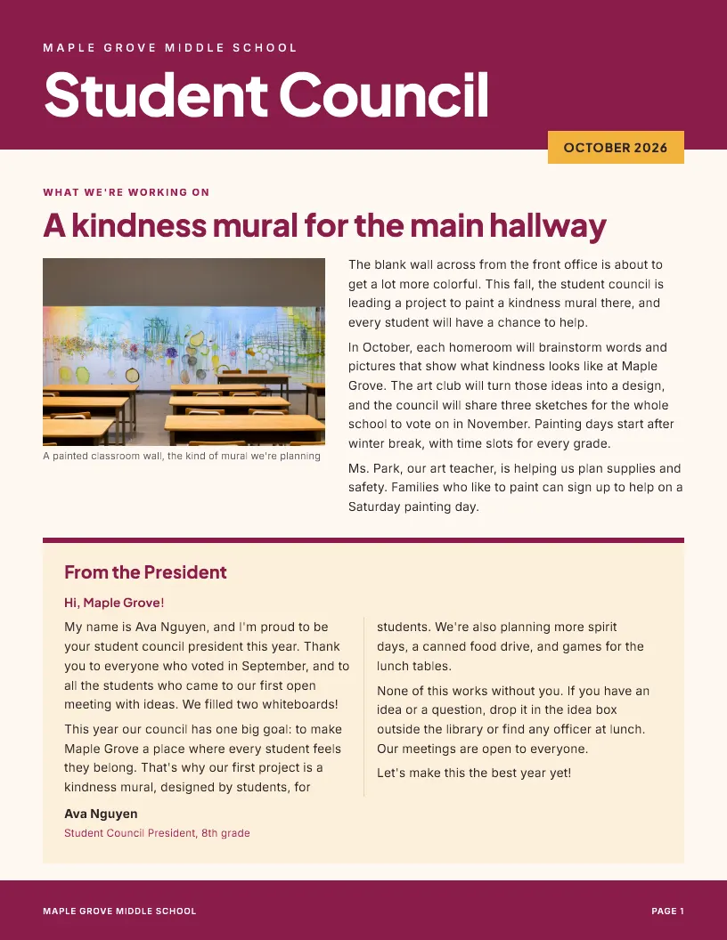 Student Council newsletter template, first page