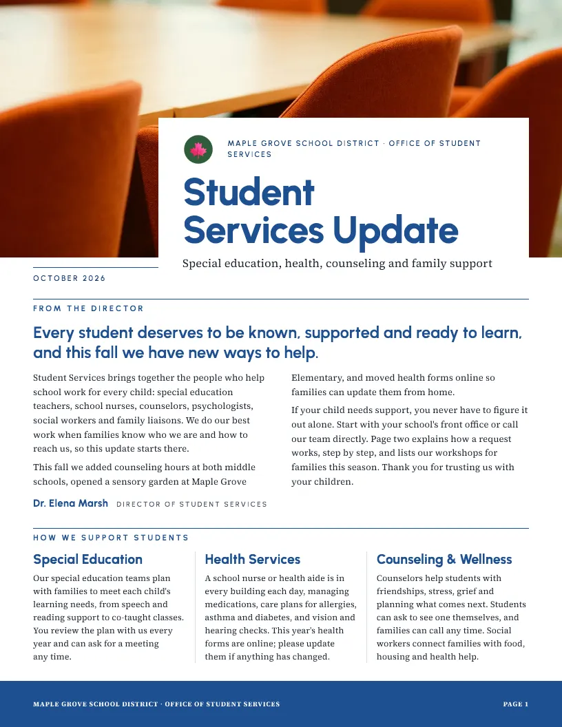 Student Services Update newsletter template, first page