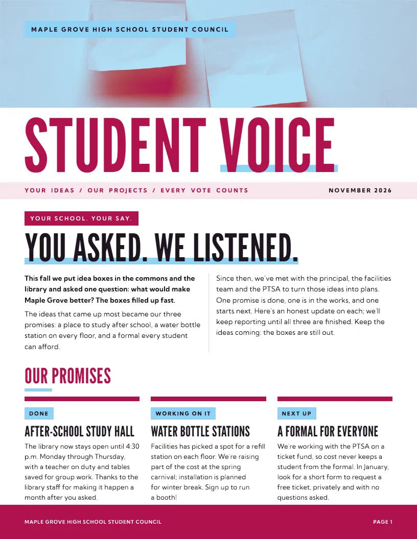 Student Voice newsletter template, first page
