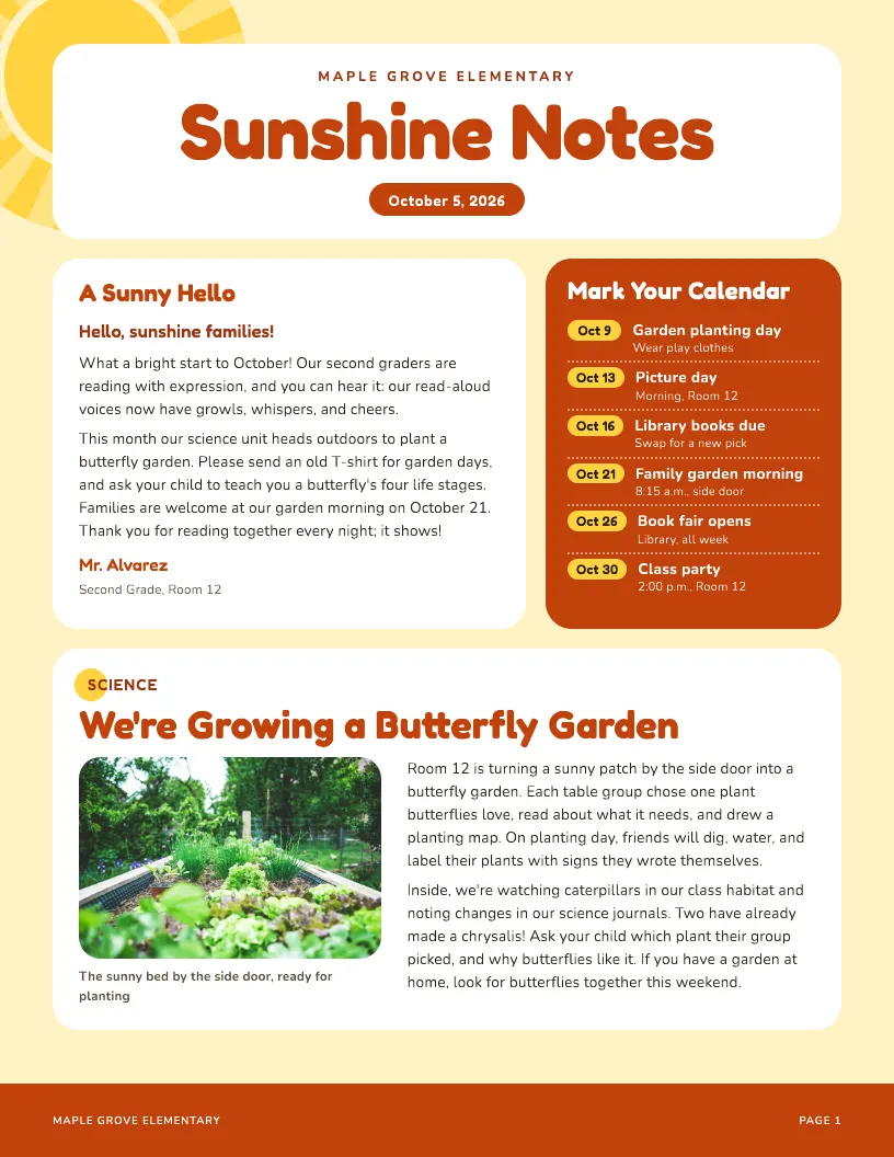 Sunshine Notes newsletter template, first page