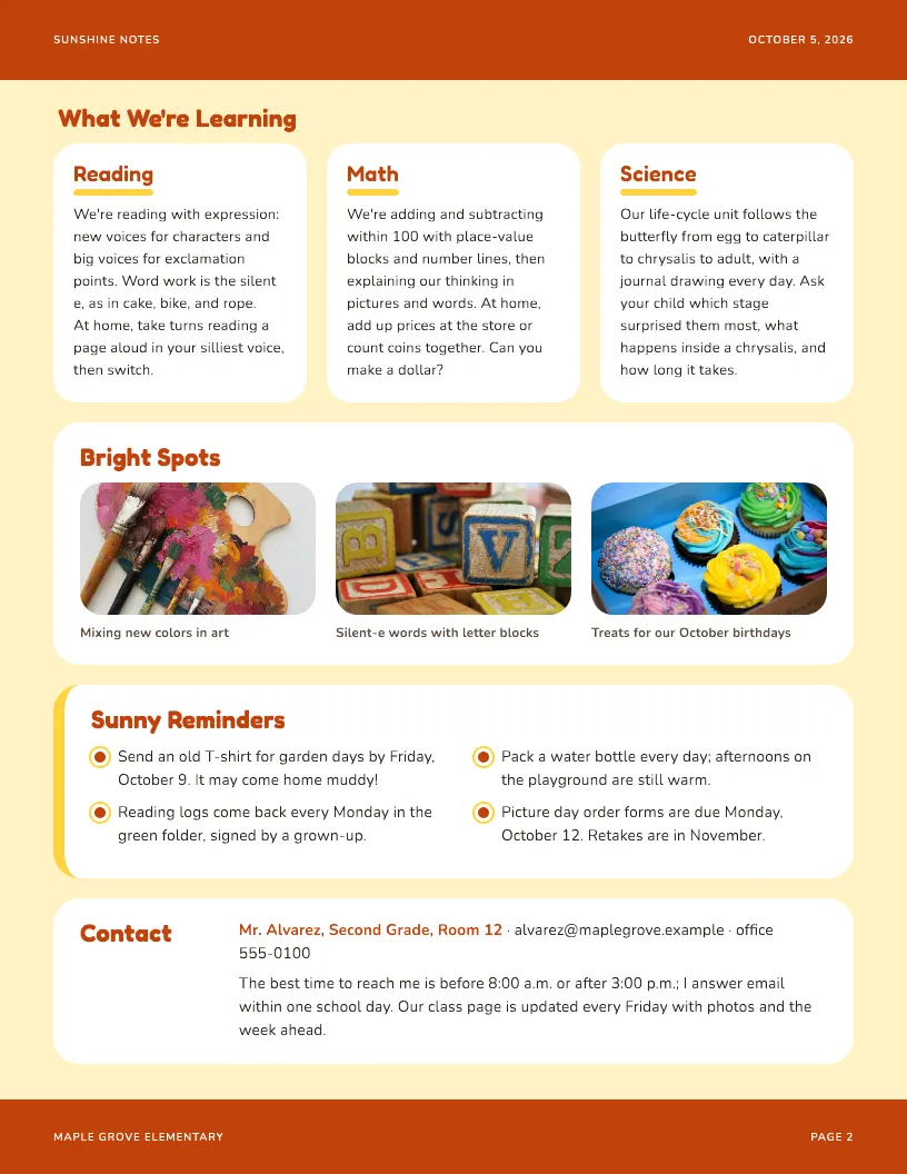 Sunshine Notes newsletter template, page 2