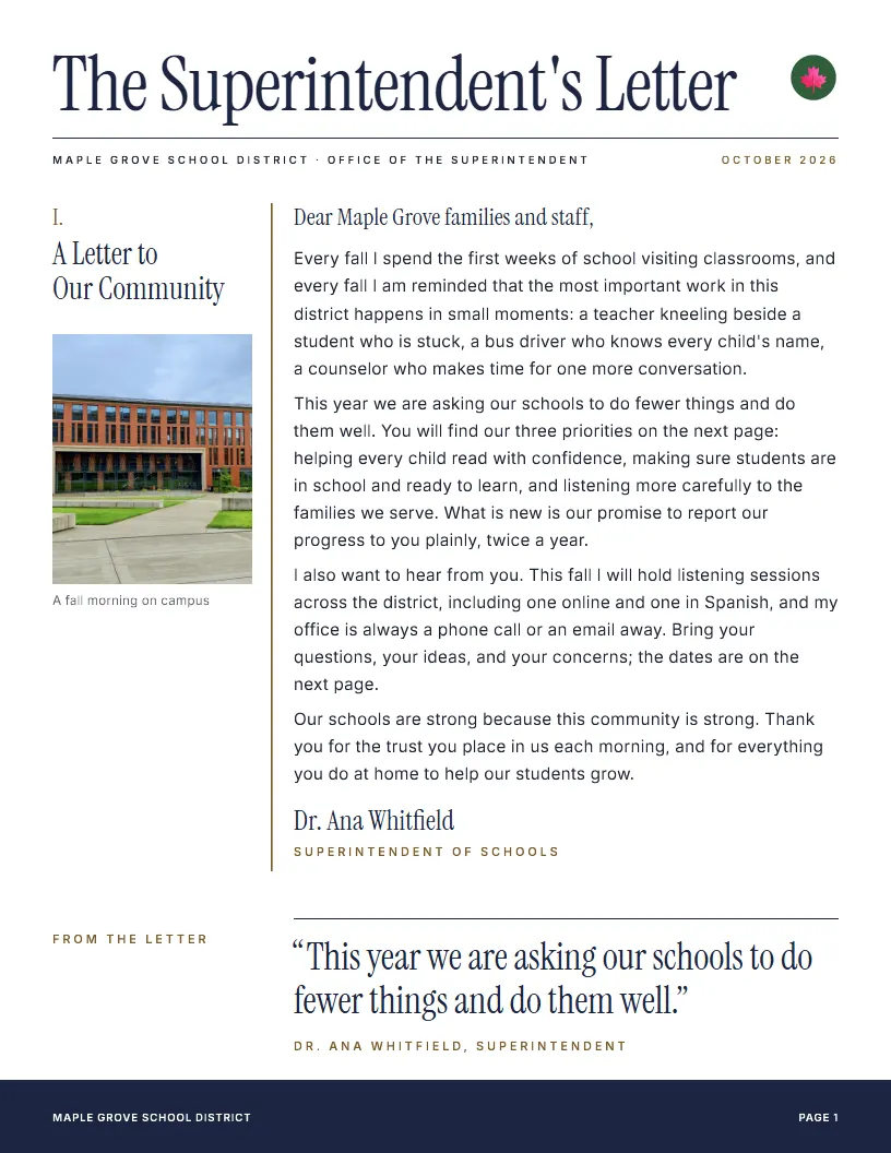 Superintendent Letter newsletter template, first page