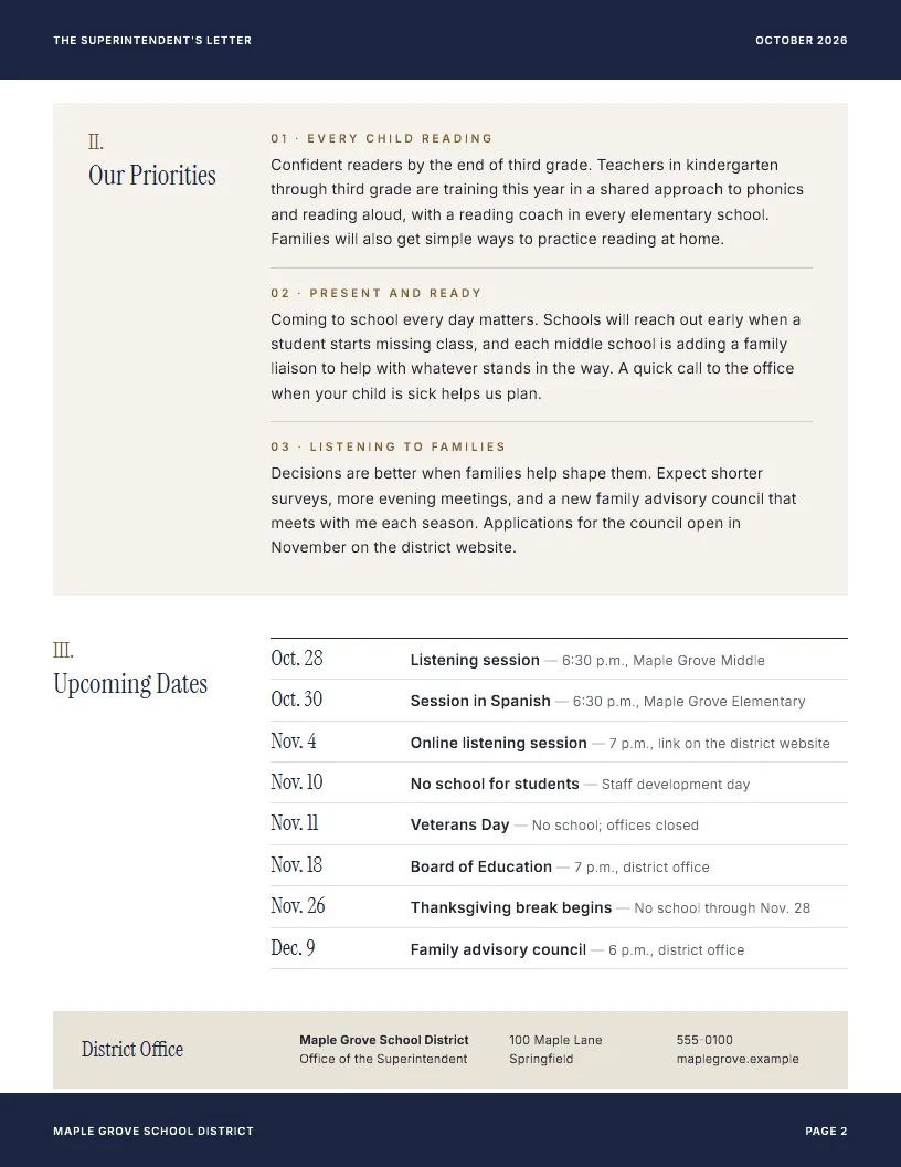 Superintendent Letter newsletter template, page 2