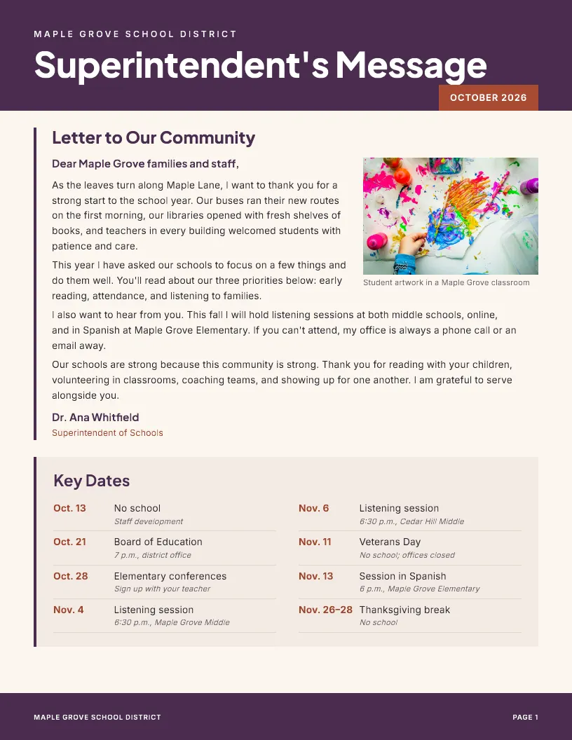 Superintendent's Message newsletter template, first page