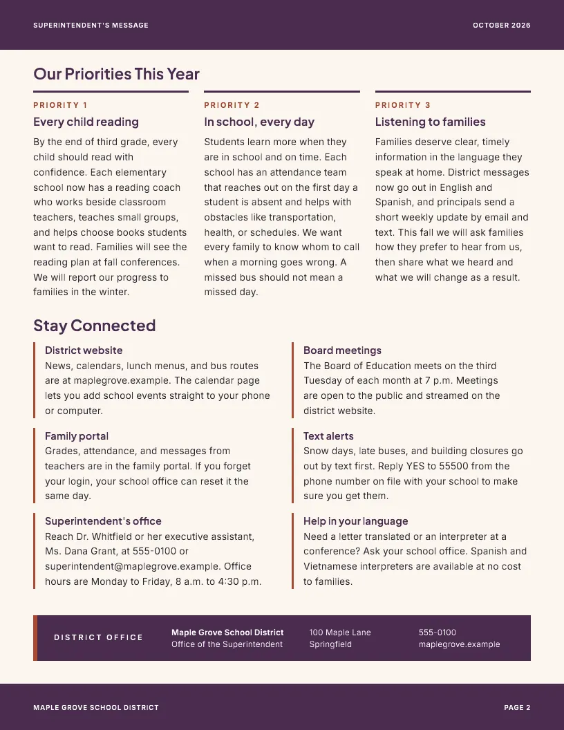 Superintendent's Message newsletter template, page 2