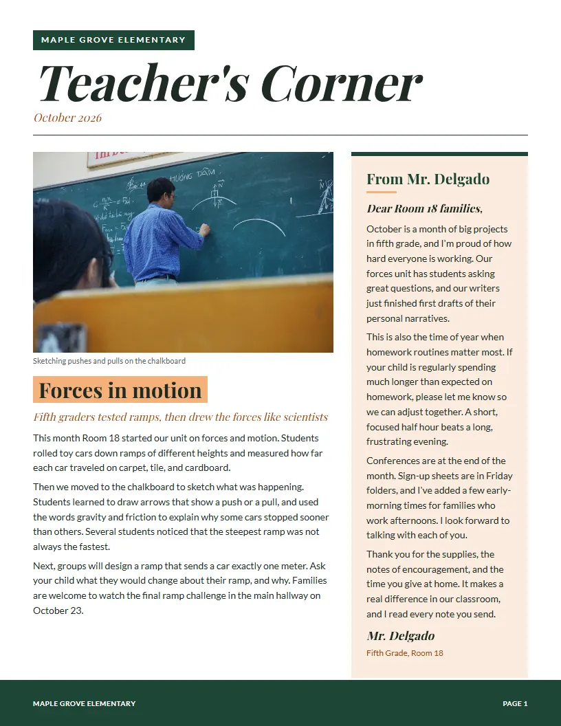 Teacher's Corner newsletter template, first page