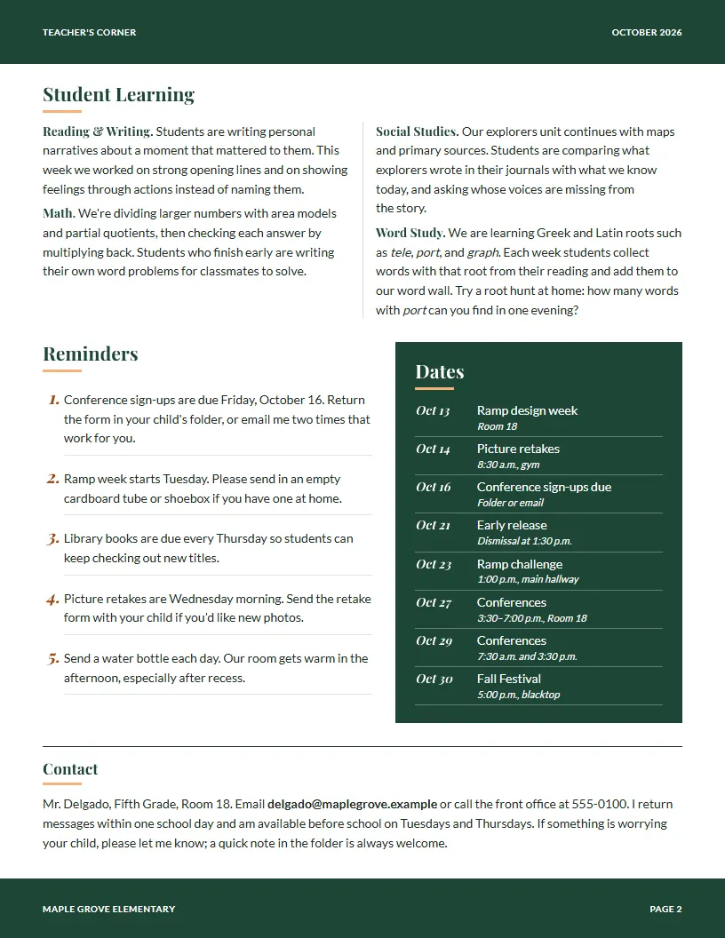 Teacher's Corner newsletter template, page 2