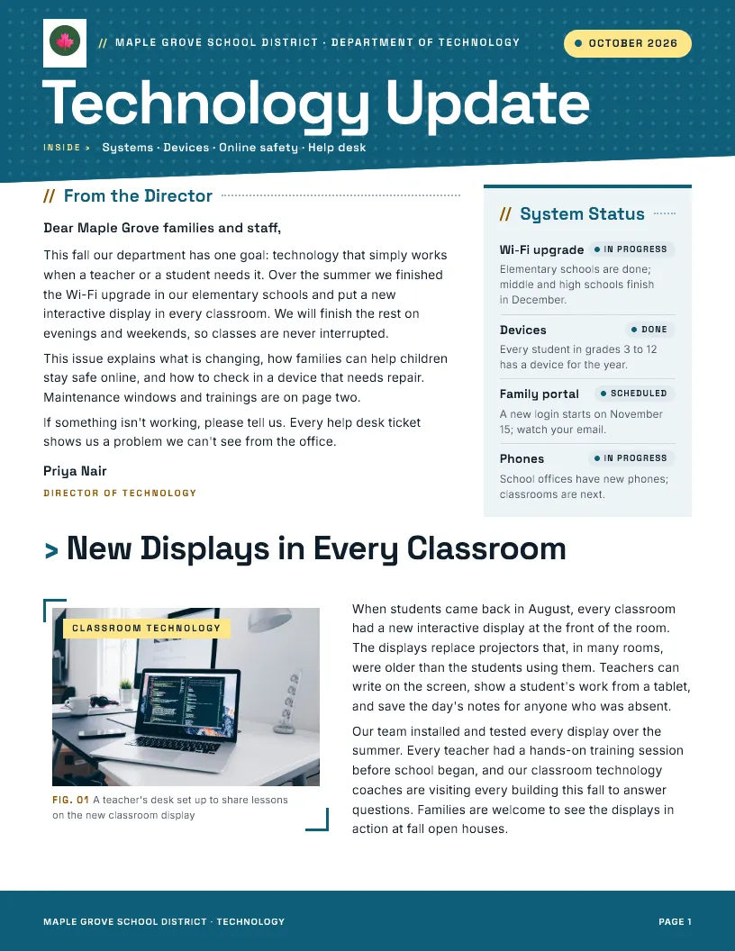 Technology Update newsletter template, first page