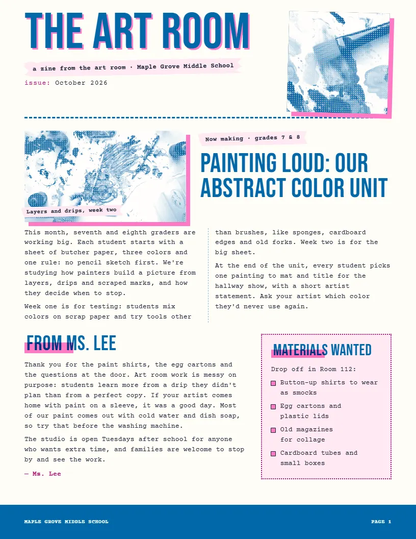 The Art Room newsletter template, first page