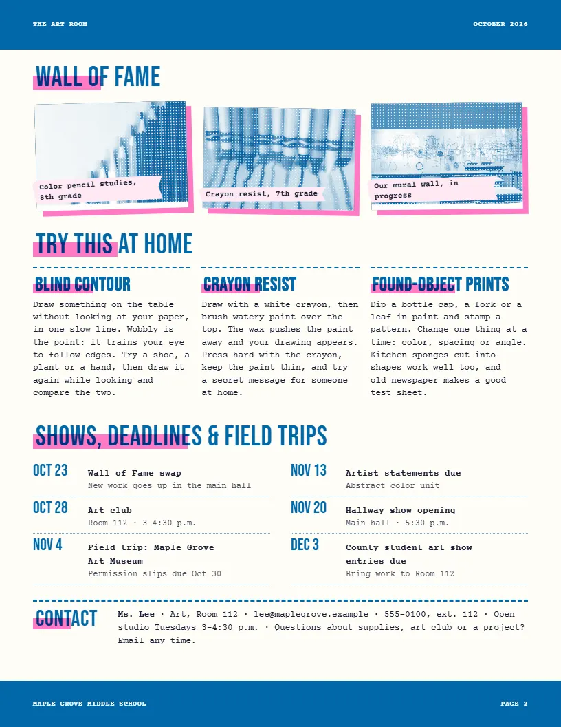 The Art Room newsletter template, page 2