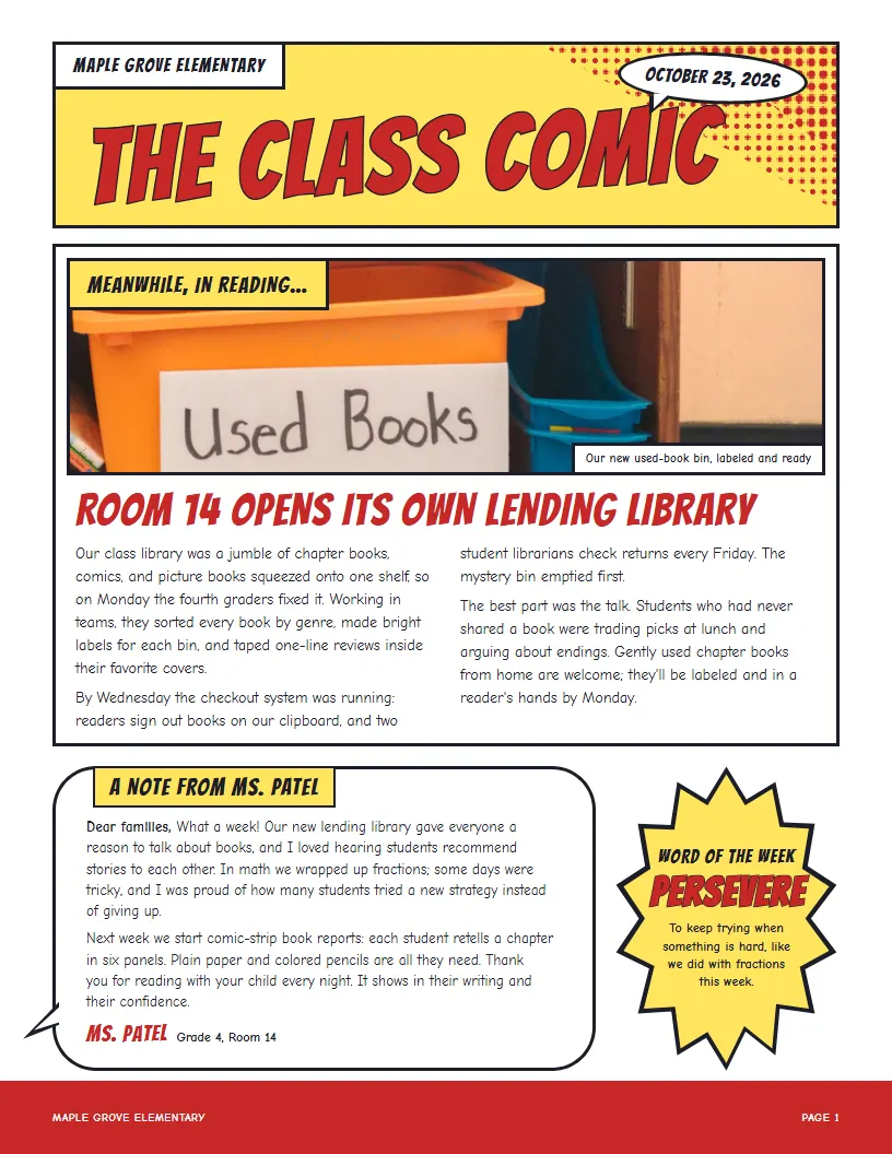 The Class Comic newsletter template, first page