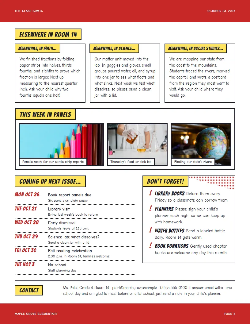 The Class Comic newsletter template, page 2