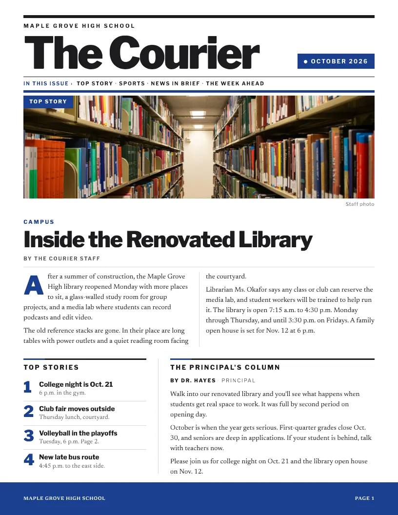 The Courier newsletter template, first page