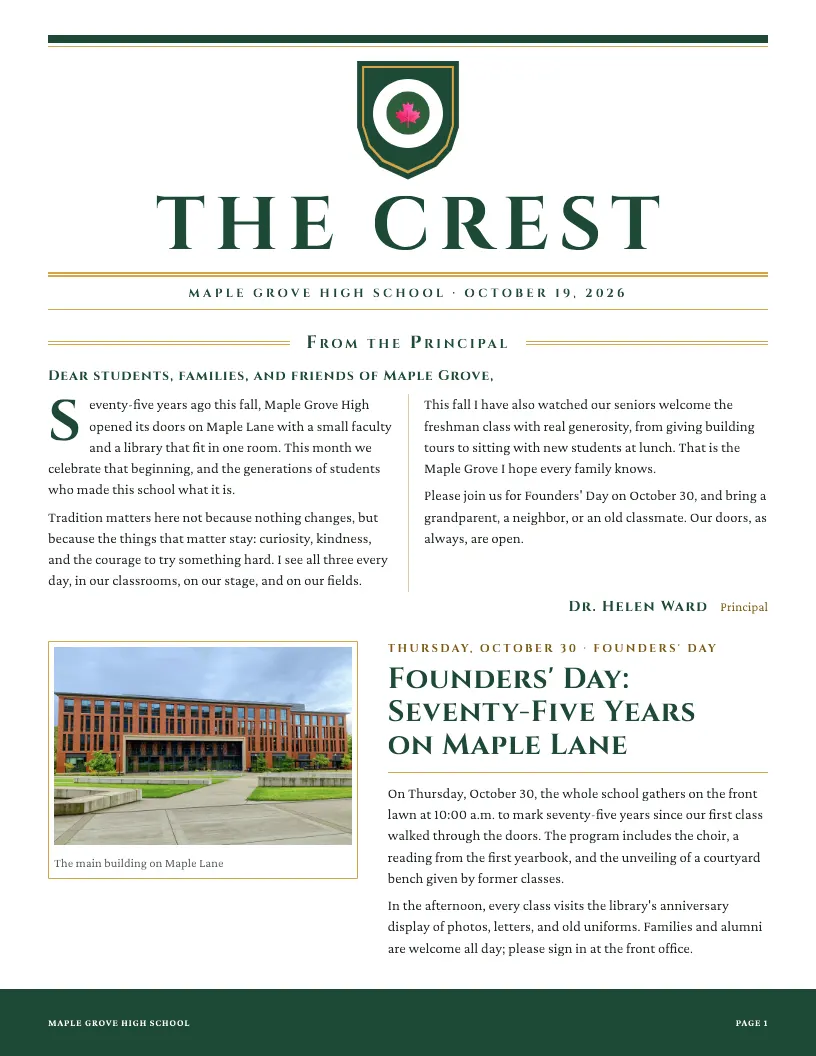 The Crest newsletter template, first page