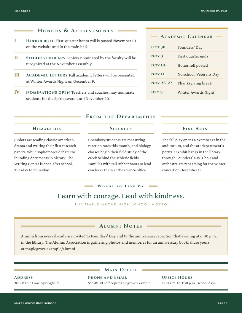 The Crest newsletter template, page 2