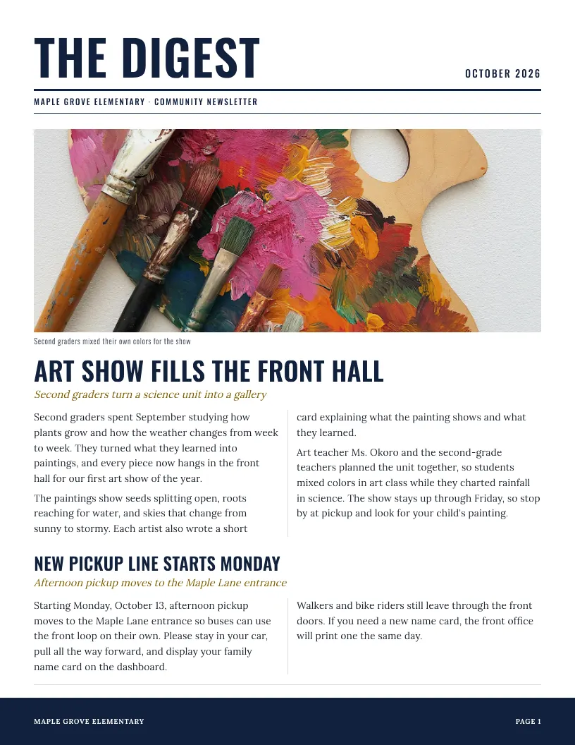 The Digest newsletter template, first page