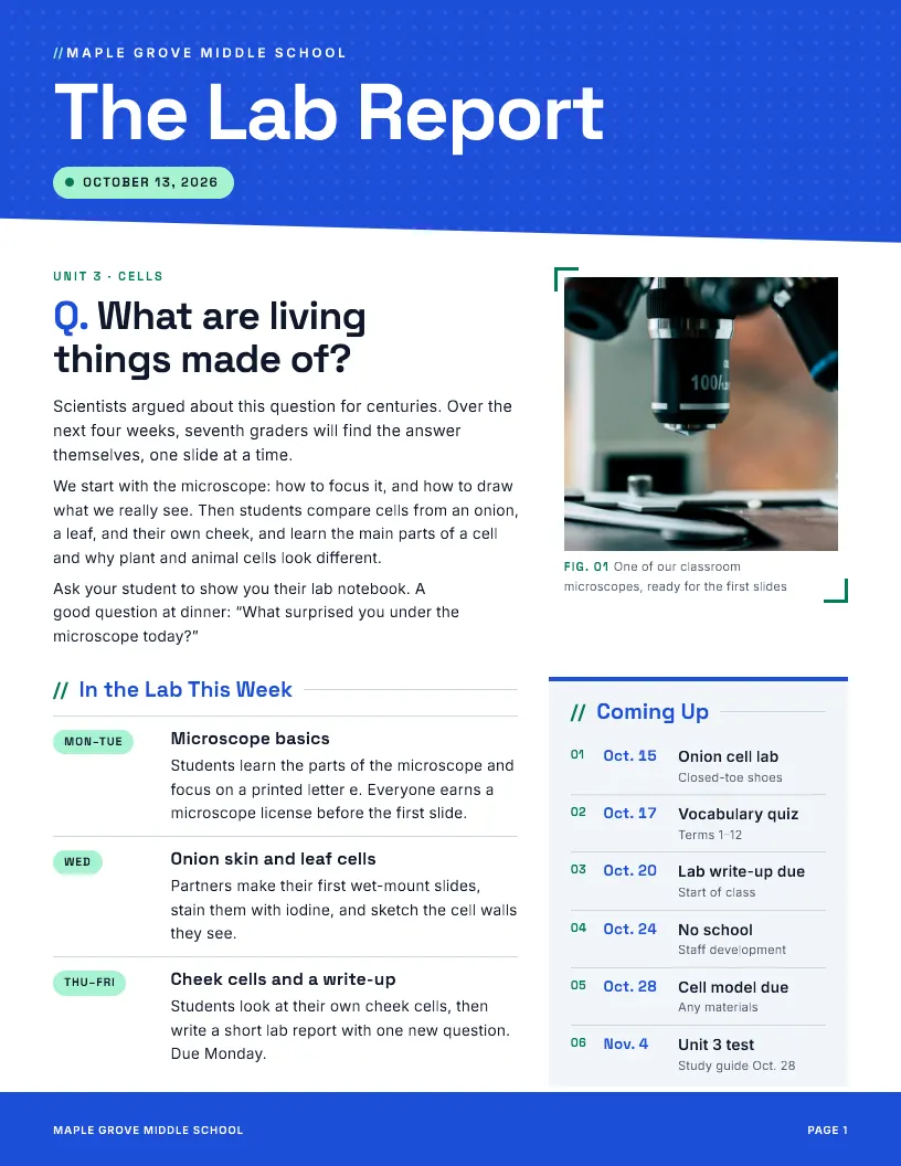 The Lab Report newsletter template, first page