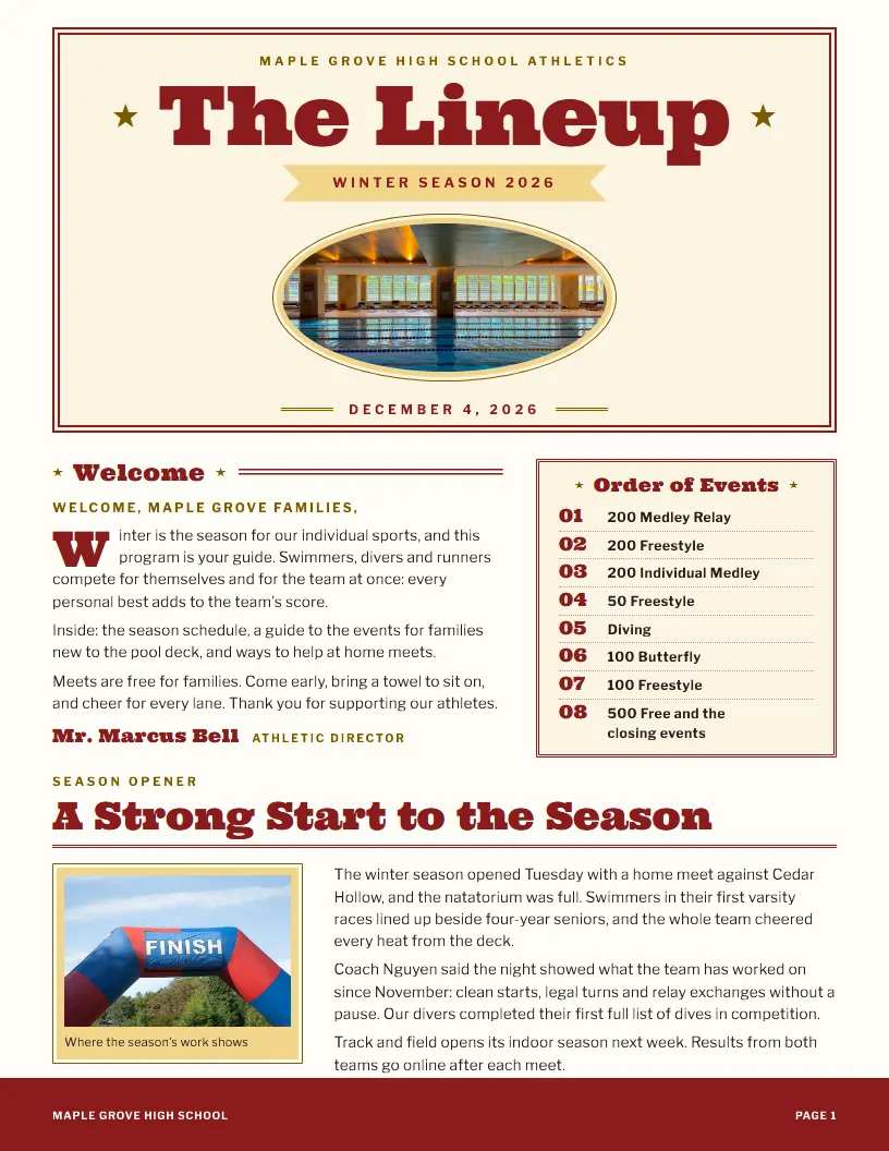 The Lineup newsletter template, first page