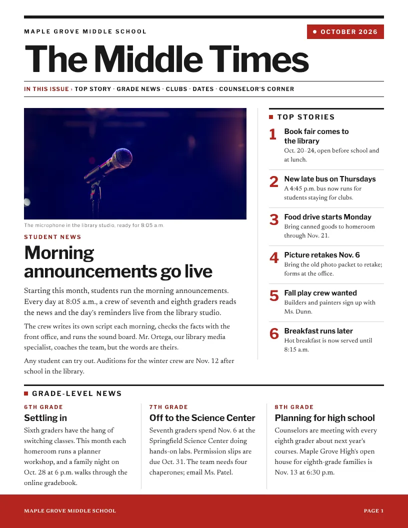 The Middle Times newsletter template, first page