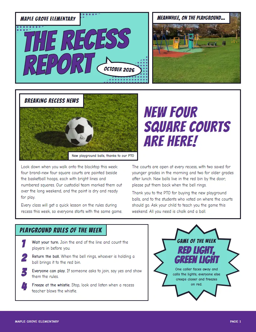 The Recess Report newsletter template, first page