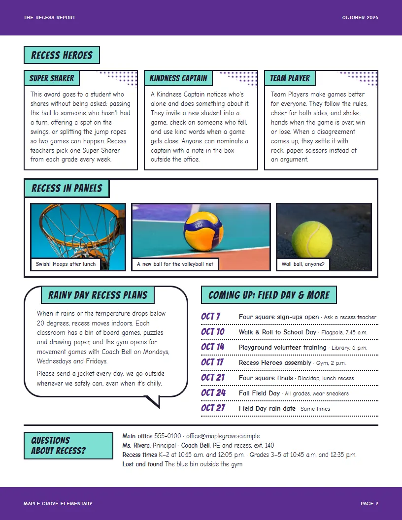 The Recess Report newsletter template, page 2