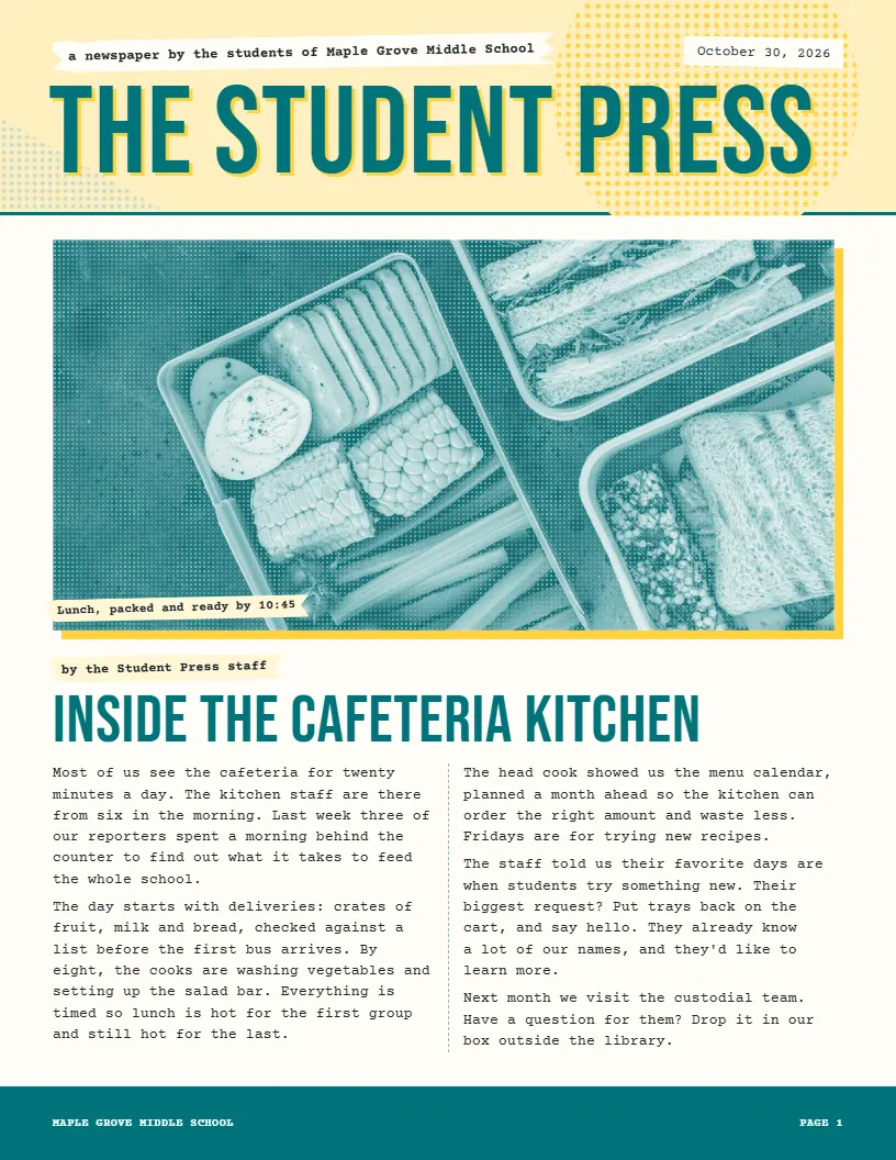 The Student Press newsletter template, first page